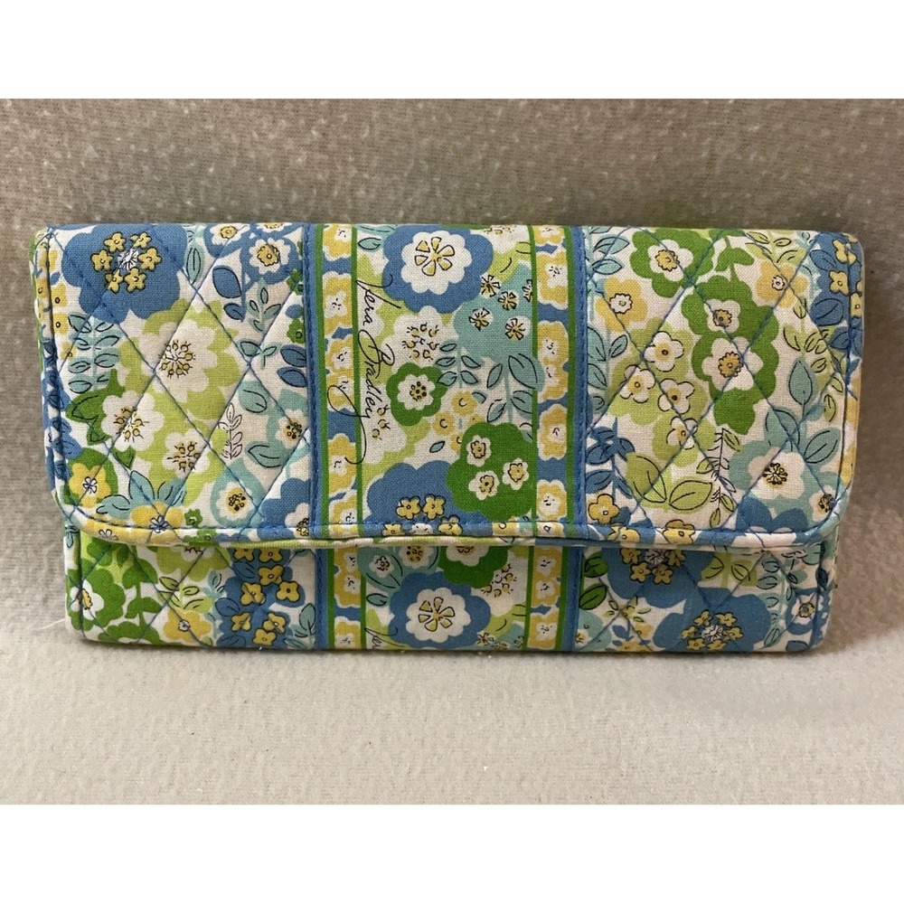 VERA BRADLEY English Meadow Trifold Wallet Retired Yellow Blue Floral Summery